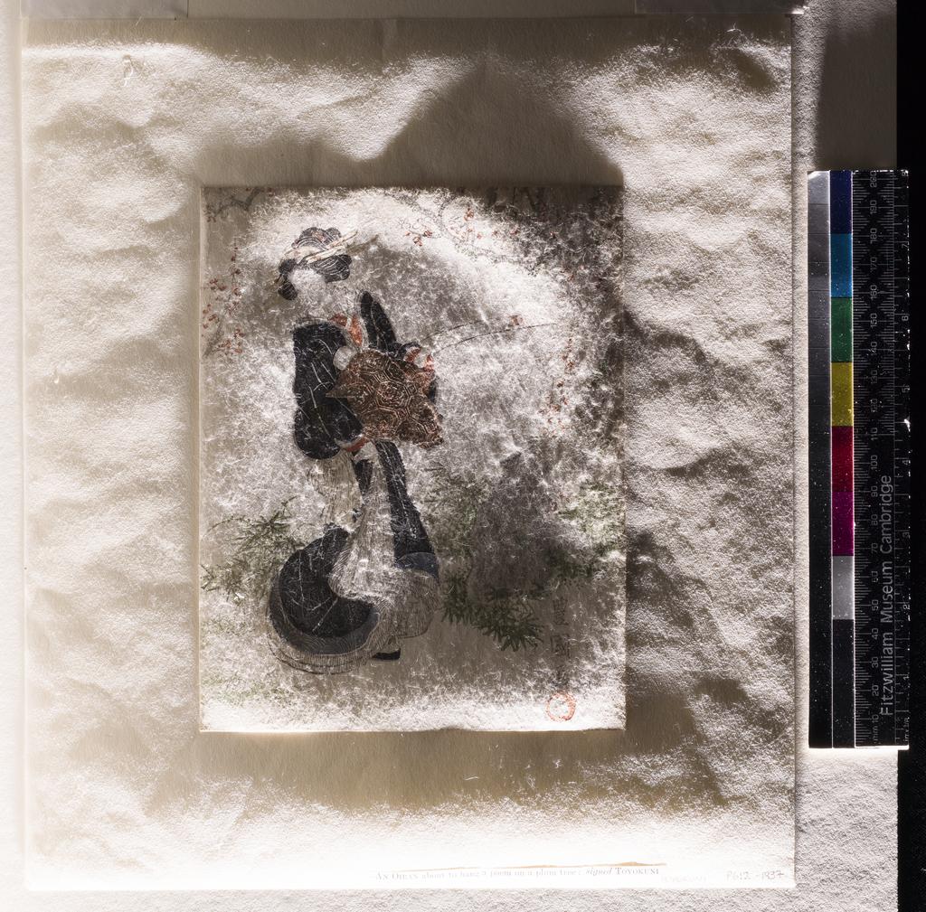 An image of A woman about to hang a tanzaku on a flowering plum. Toyokuni, Utagawa (Japanese, 1769-1825). Surimono, colour woodblock print. Ukiyo-e.