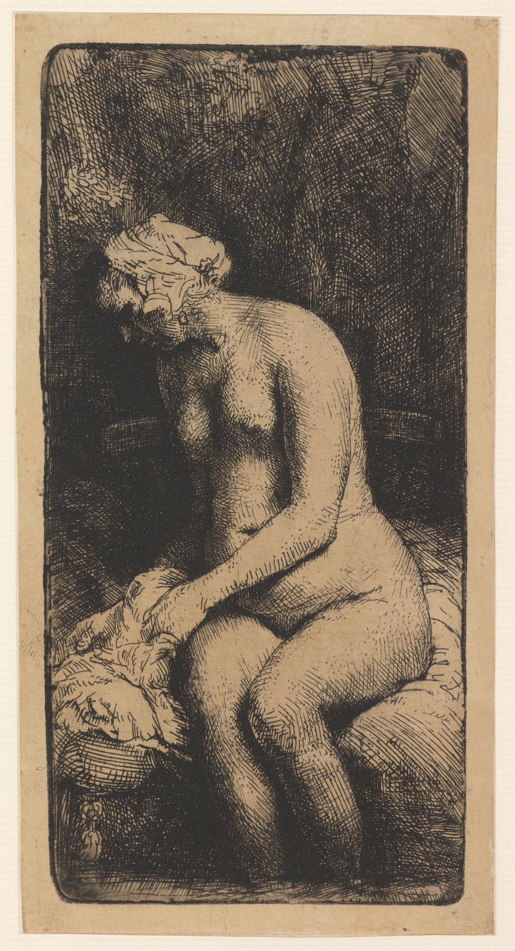 An image of Woman bathing her feet at a brook. Rembrandt Harmensz. van Rijn (Dutch, 1606-1669). Etching, drypoint, engraving, surface tone, black carbon ink on thick vellum-like Oriental paper, probably Japanese, height, plate, 160 mm, width, plate, 79 mm; height, sheet, 171 mm, width, sheet, 89 mm, 1658. Production Note: Only state. Alternative Number(s): Hollstein (Dutch/Flemish); B200. Biörklund/Barnard; BB58-D. Lugt; 2475.