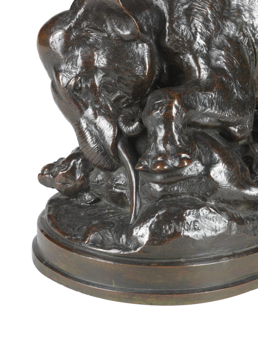 An image of An Elephant crushing a Tiger. Barye, Antoine Louis (French, 1796-1875). Bronze, height cm, length cm, width cm, between 1825-1875. Sir Ivor and Lady Batchelor Bequest.