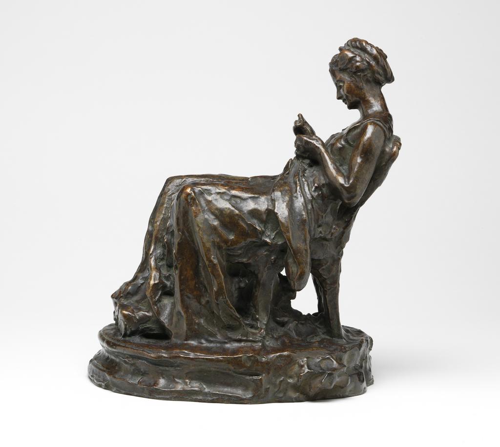 An image of La Couseuse. Bronze figure of a woman sewing. Dalou, Aimé-Jules (French, 1838-1902). Bronze, 1870. Sir Ivor and Lady Batchelor Bequest.