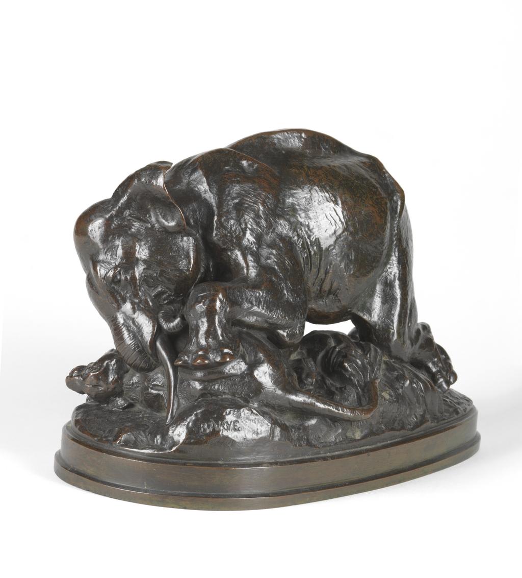An image of An Elephant crushing a Tiger. Barye, Antoine Louis (French, 1796-1875). Bronze, height cm, length cm, width cm, between 1825-1875. Sir Ivor and Lady Batchelor Bequest.
