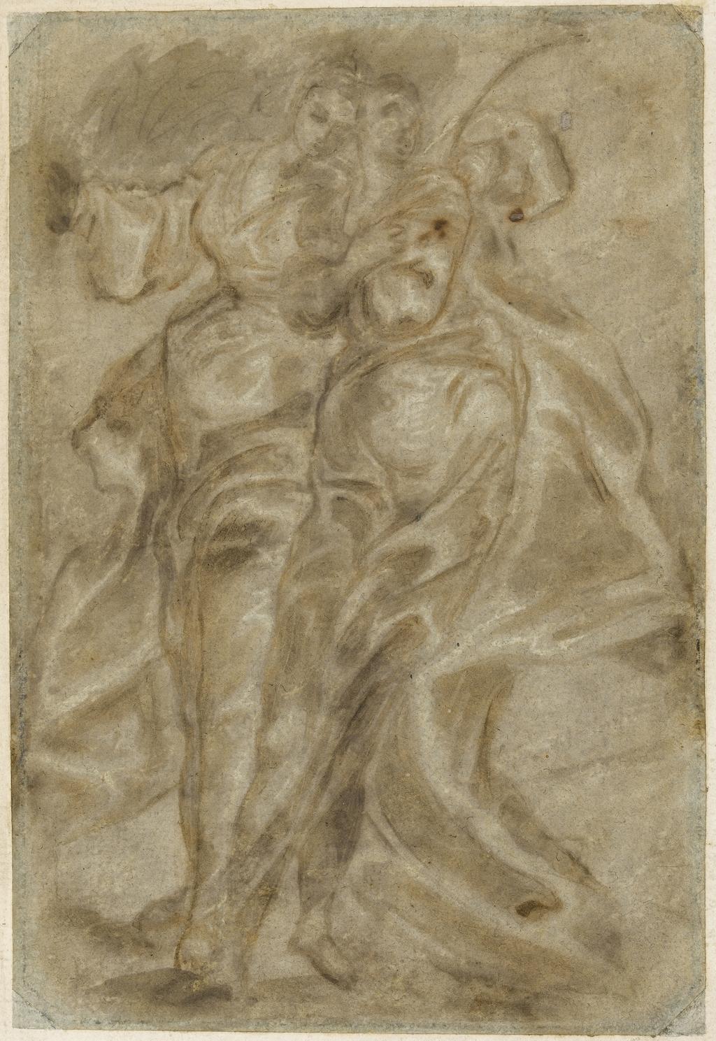An image of Title/s: A study of two draped female figures Maker/s: THEOTOKOPOULOS, Domenico, called EL GRECO, attributed to Candia [now Herakleion], Crete c.1541-1614 ToledoTechnique Description: brush in brown and grey, heightened with bodycolour on faded blue-grey paper Dimensions: height: 260 mm, width: 176 mm