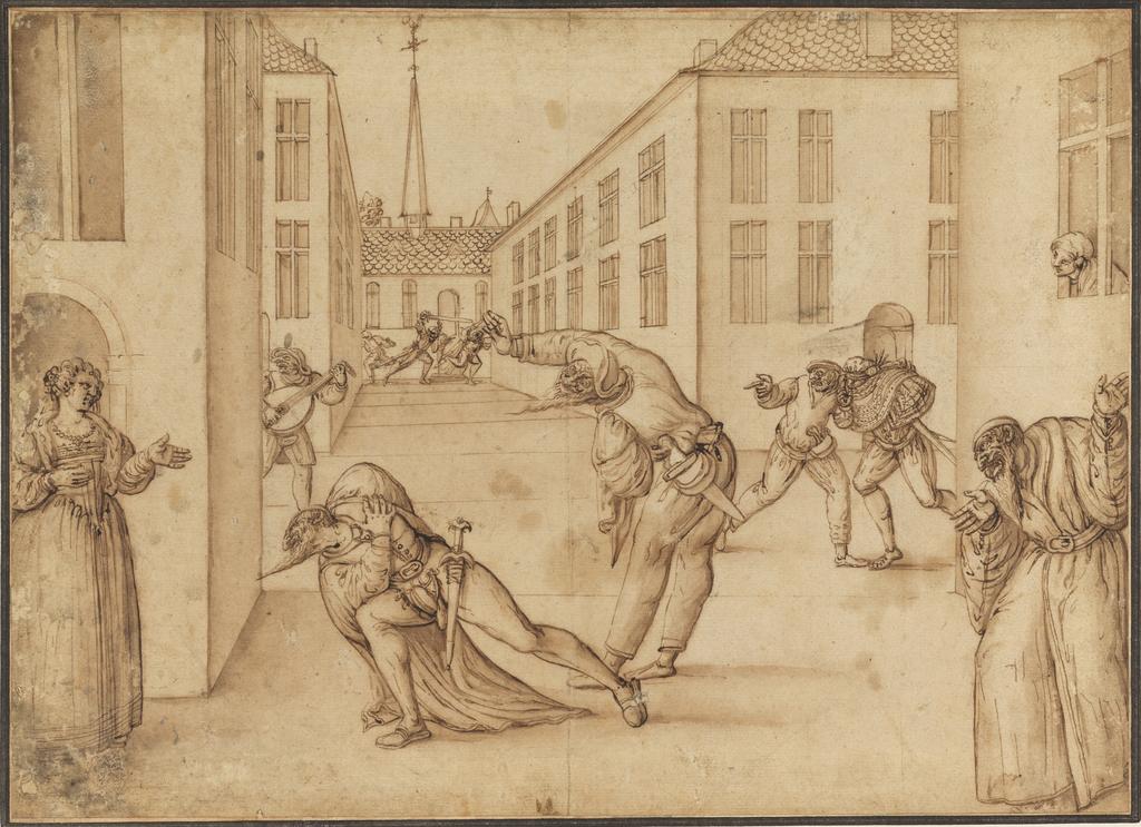 An image of Scene from the Commedia dell'Arte. Unknown Artist, French School. Bistre pen and wash on paper, pasted down, height 260 mm, width 362 mm, circa 1575-1600.