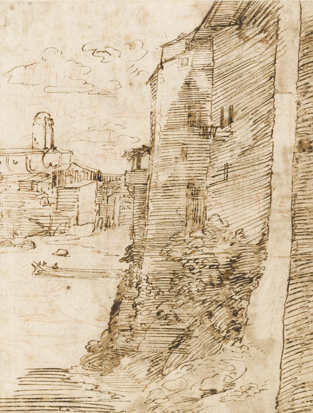 An image of Title/s:A view across the Tiber in Rome (recto title)  Maker/s: Peruzzi, Baldassare attributed to (draughtsman) [ULAN info: Italian artist, 1481-1536]Technique Description: pen and sepia (some traces of red chalk, verso), on paper Dimensions: height: 195 mm, width: 256 mm
