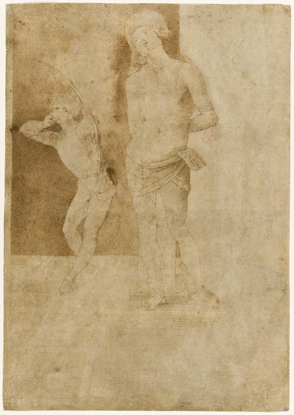 An image of Title/s: St Sebastian Maker/s: Perugino (Pietro di Cristoforo Vannucci) school of (draughtsman) [ULAN info: Italian artist, c.1450-1523]Technique Description: pen and bister much retouched by repairer, on paper, stuck down Dimensions: height: 320 mm, width: 225 mm