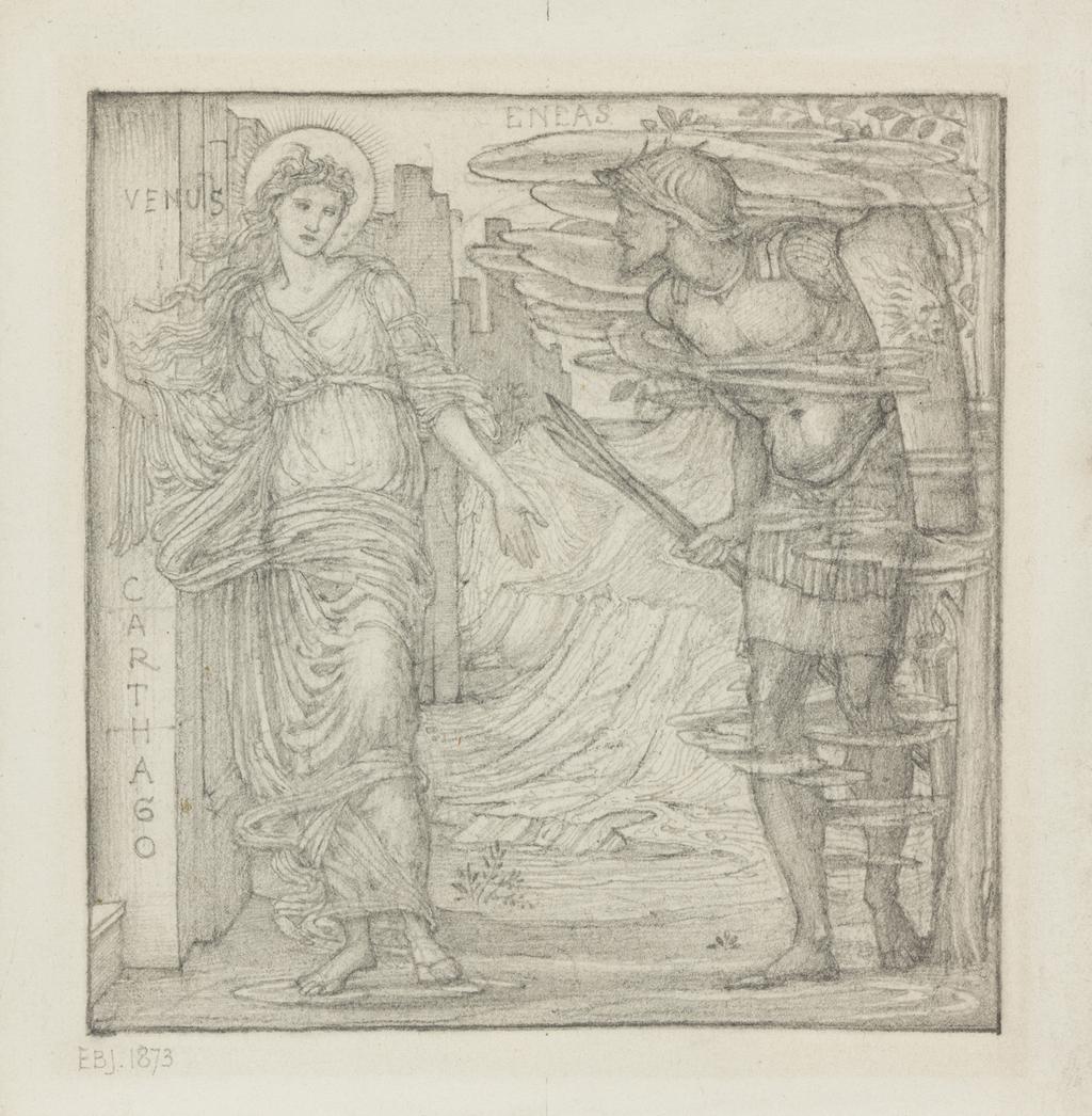 An image of Venus appearing to Aeneas before Carthage. Burne-Jones, Edward (British, 1833-1898). Graphite within ruled margin on paper, height, sheet size, 174 mm, width, sheet size, 171 mm, height, drawn area, 144 mm, width, drawn area, 140 mm, 1873.
