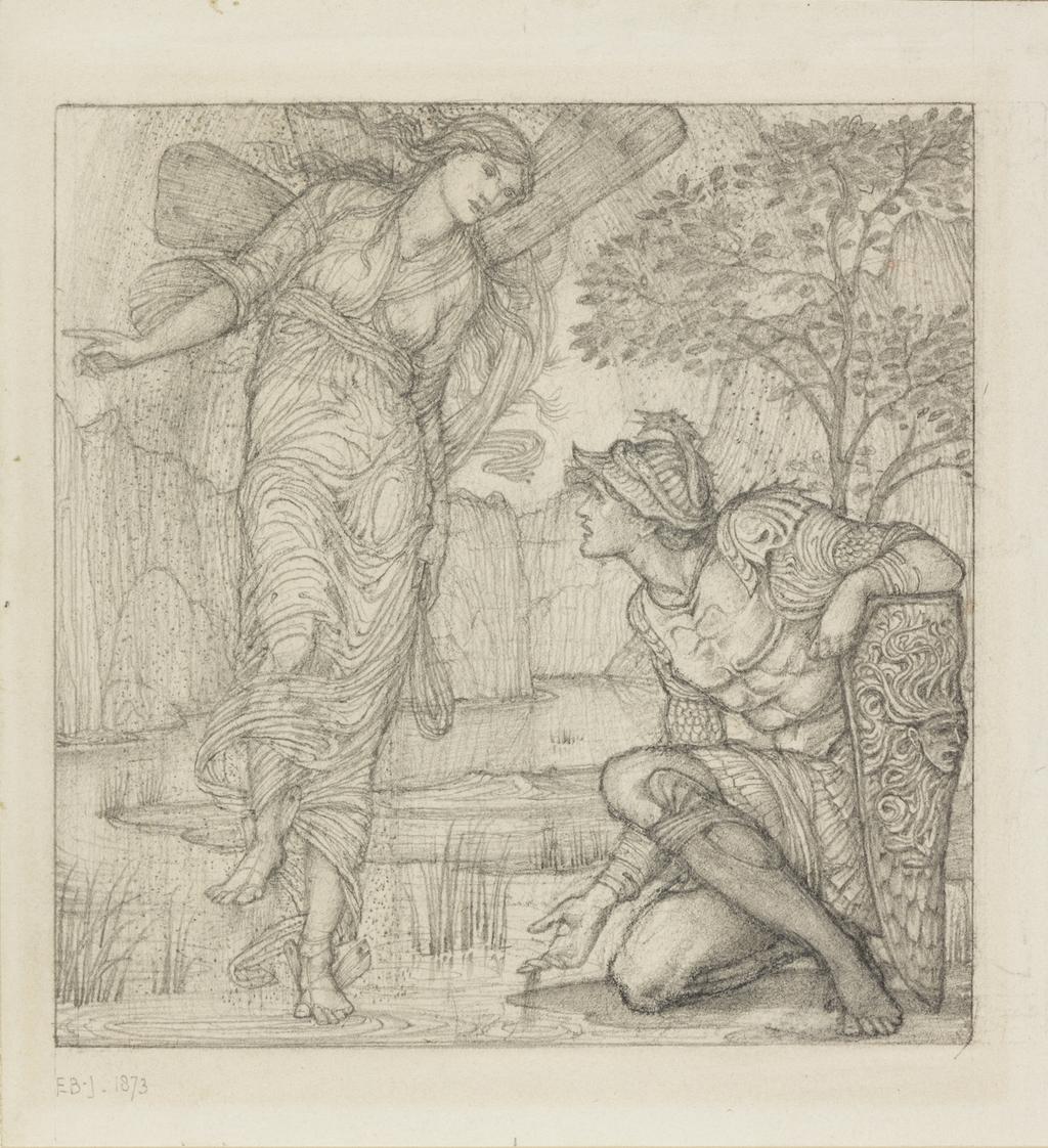 An image of Iris and Turnus (unfinished). Burne-Jones, Edward (British, 1833-1898). Graphite within ruled margin on paper, height, sheet size, 173 mm, width, sheet size, 161 mm, height, drawn area, 141 mm, width, drawn area, 139 mm, 1873.