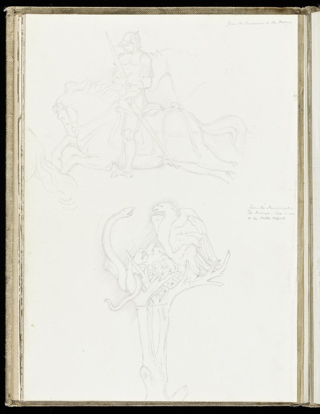 An image of Sketchbook. Recto: Copy of two horsemen at the left centre of the 'Relief of Bethulia'. Verso: Copy of the snake and eagle in a tree from the 'Expulsion of Herod'. Burne-Jones, Edward (British, 1833-1898). Coverboards covered with white linen. Front cover has horizontal slits at the upper and lower right sides. Off-white paper. Collocation: each sheet is separately taped to the binding; there are 28ff and a single beige sheet on either side of these. Front and back leaves are blank, recto and verso. Height, sheet size, 179 mm, width, sheet size, 254, mm, 1873.