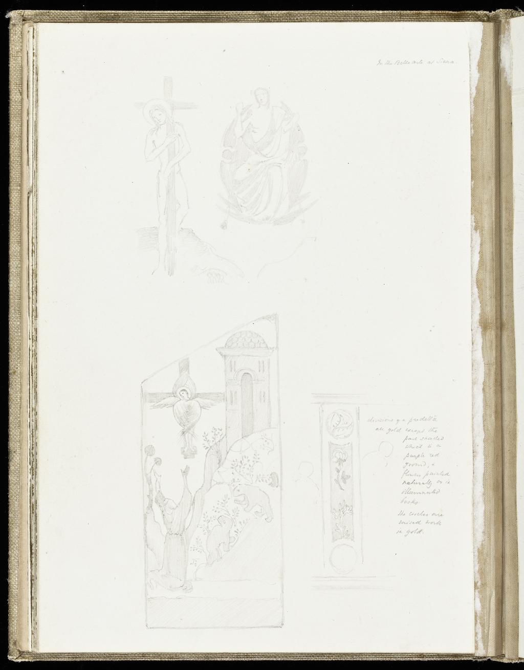 An image of Sketchbook. Recto: Sketch of two galloping horsemen. Verso: Sketches of Christ holding his cross and Christ enthroned; below, copy of 'St Frances receiving the Stigmata' from the School of Guido de Siena at the Pinacoteca di Belli Arte; to right, a division of a predella. Burne-Jones, Edward (British, 1833-1898). Coverboards covered with white linen. Front cover has horizontal slits at the upper and lower right sides. Off-white paper. Collocation: each sheet is separately taped to the binding; there are 28ff and a single beige sheet on either side of these. Front and back leaves are blank, recto and verso. Height, sheet size, 179 mm, width, sheet size, 254, mm, 1873.