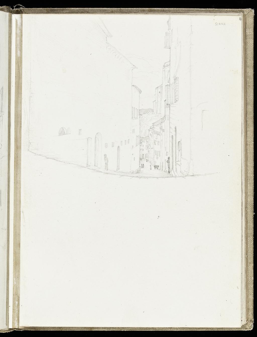 An image of Sketchbook. Recto: View along a city street with several figures. Verso: Left, city street as seen through a double archway; lower right, windows of a building seen through an archway. Burne-Jones, Edward (British, 1833-1898). Coverboards covered with white linen. Front cover has horizontal slits at the upper and lower right sides. Off-white paper. Collocation: each sheet is separately taped to the binding; there are 28ff and a single beige sheet on either side of these. Front and back leaves are blank, recto and verso. Height, sheet size, 179 mm, width, sheet size, 254, mm, 1873.