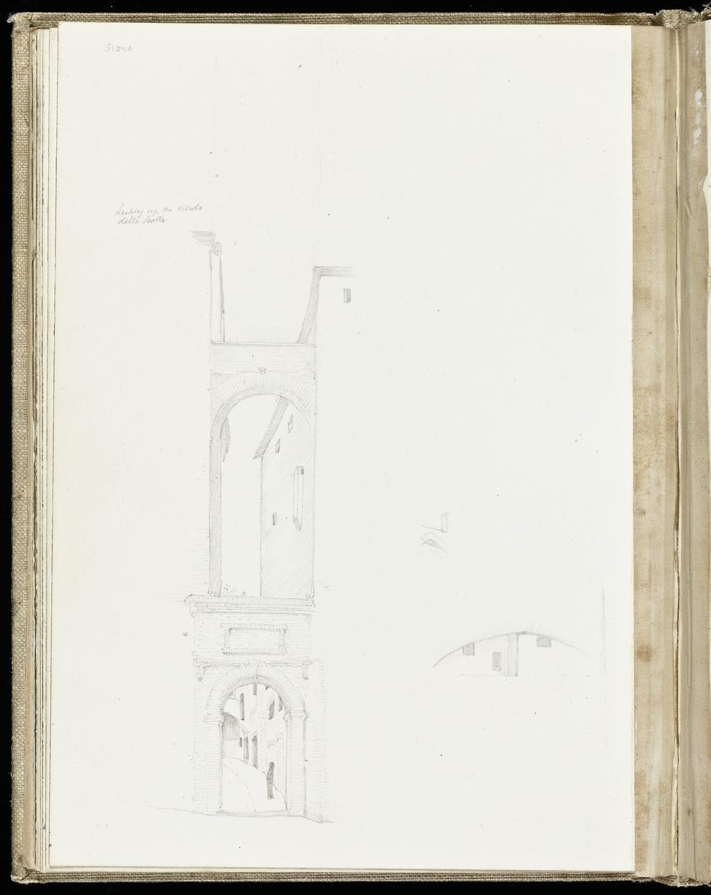 An image of Sketchbook. Recto: View along a city street with several figures. Verso: Left, city street as seen through a double archway; lower right, windows of a building seen through an archway. Burne-Jones, Edward (British, 1833-1898). Coverboards covered with white linen. Front cover has horizontal slits at the upper and lower right sides. Off-white paper. Collocation: each sheet is separately taped to the binding; there are 28ff and a single beige sheet on either side of these. Front and back leaves are blank, recto and verso. Height, sheet size, 179 mm, width, sheet size, 254, mm, 1873.