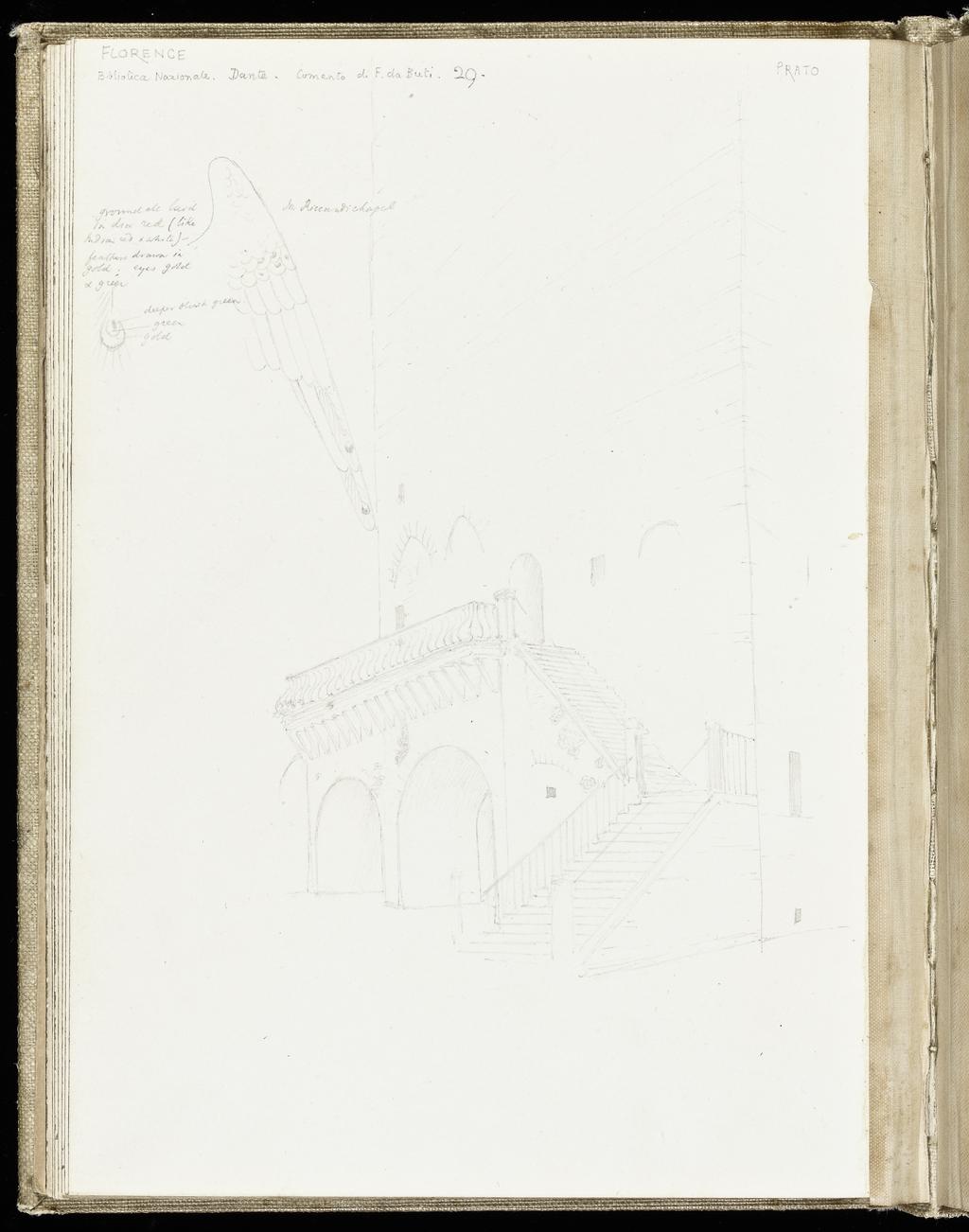 An image of Sketchbook. Recto: View down a narrow city street with silhouetted figures intermittently placed. Verso: Upper left, an angel's wing (?) with some feathers having detail similar to that of a peacock with a sketch of a single feather below, left; lower right, sketch of a staircase passing over two arches. Burne-Jones, Edward (British, 1833-1898). Coverboards covered with white linen. Front cover has horizontal slits at the upper and lower right sides. Off-white paper. Collocation: each sheet is separately taped to the binding; there are 28ff and a single beige sheet on either side of these. Front and back leaves are blank, recto and verso. Height, sheet size, 179 mm, width, sheet size, 254, mm, 1873.