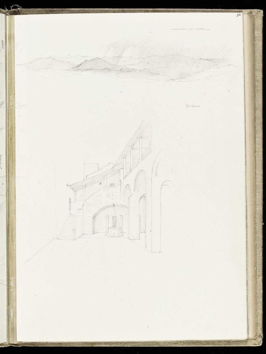 An image of Sketchbook. Recto: 'Mountain from Volterra'; below, study of a building with archways below and columnar supports above. Verso: Sketch of interior of a church. Burne-Jones, Edward (British, 1833-1898). Coverboards covered with white linen. Front cover has horizontal slits at the upper and lower right sides. Off-white paper. Collocation: each sheet is separately taped to the binding; there are 28ff and a single beige sheet on either side of these. Front and back leaves are blank, recto and verso. Height, sheet size, 179 mm, width, sheet size, 254, mm, 1873.
