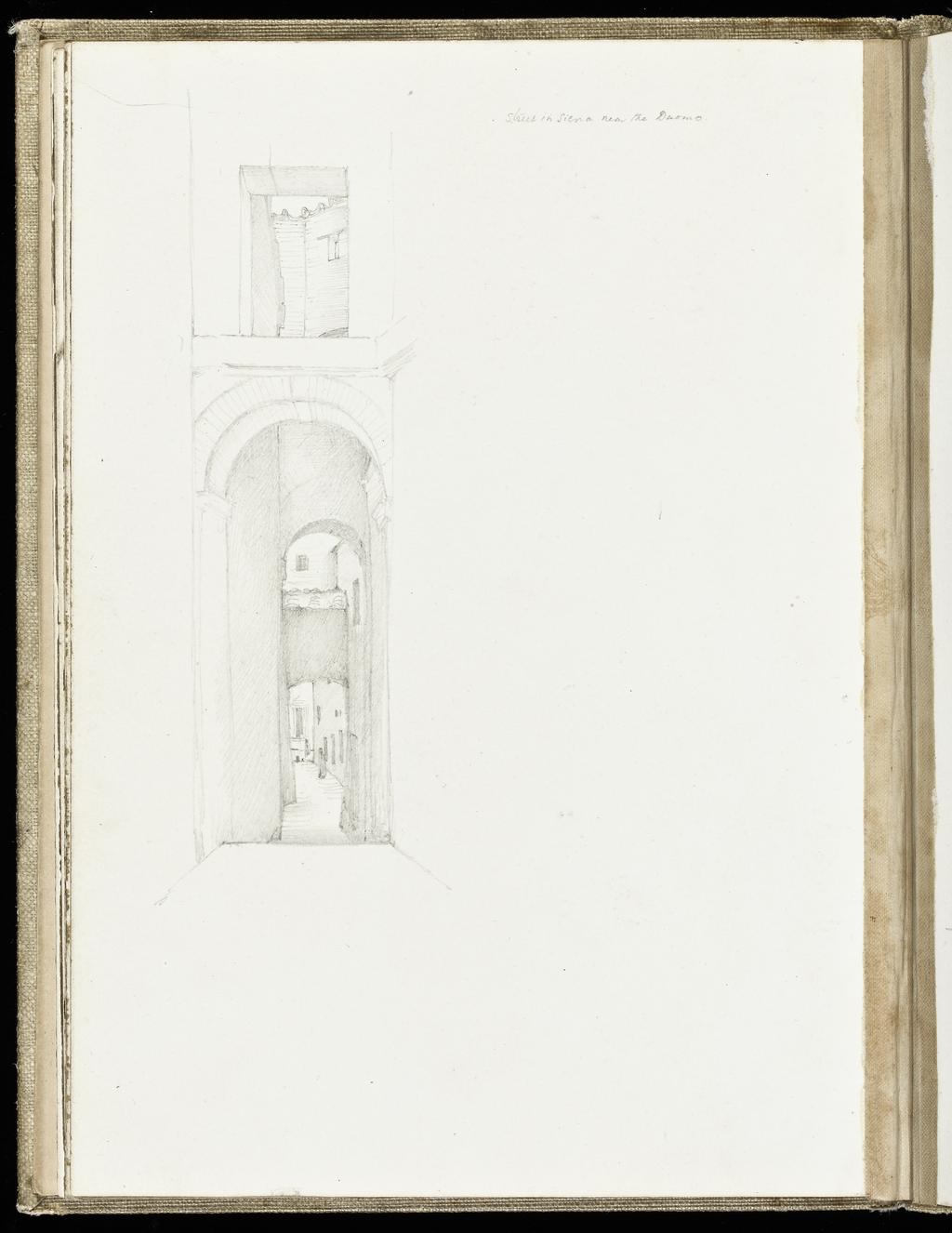 An image of Sketchbook. Recto: Copy of the central figure group from 'The Massacre of the Innocents' on the floor of the Duomo. Verso: Study of a narrow street as seen through an archway and window of a building. Burne-Jones, Edward (British, 1833-1898). Coverboards covered with white linen. Front cover has horizontal slits at the upper and lower right sides. Off-white paper. Collocation: each sheet is separately taped to the binding; there are 28ff and a single beige sheet on either side of these. Front and back leaves are blank, recto and verso. Height, sheet size, 179 mm, width, sheet size, 254, mm, 1873.