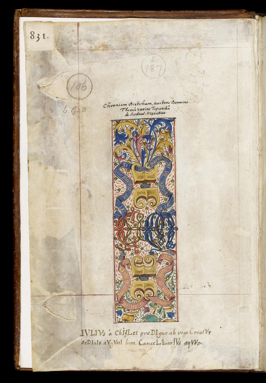 An image of Illuminated Manuscript. Statutes and Armorial of the Order of the Golden Fleece. Leboucq, Jacques (Flemish, 16th century). Production Place: Southern Netherlands, Valenciennes. Parchment, iii modern paper flyleaves + v contemporary parchment flyleaves (pencil foliation iv – viii, fol. iv former pastedown) + 148 fols. (fol. 148 former pastedown) + iii modern paper flyleaves, 300 x 200 (210 – 230 x 138 - 170) mm, 42 long lines, ruled in violet ink (except fols. 47r – 108r varying number of lines, ruled in hard point). BINDING: Sixteenth century, gold-stamped brown calf over pasteboards, sewn on four supports, central panel with defaced arms, fleece and flint-and-steel stamps within three concentric frames pf gold-stamped floral and geometric ornament, traces of two fastening devices on fore edge, gilt and gauffered edges; rebound and repaired by Robert Proctor, Fitzwilliam Museum, in 1990. Third quarter of 16th century.CONTENTS: fols. 1r – 7r Table of contents; fols. 9r – 15v Statutes of the Order of the Golden Fleece; fols. 15v – 36r Ordinances of the Order of the Golden Fleece; fols. 37r – 43v Ceremonial of the Order of the Golden Fleece; fols. 47r – 108r Register of chapters and Armorial of the Order of the Golden Fleece. DECORATION: Portrait of Philip the Good painted on a separate piece of parchment and pasted on fol. 46r, together with four shields, also on separate pieces of parchment, displaying the arms of Burgundy, Flanders, the Holy Roman Empire, and an unidentified arms. Large framed miniature showing the chapter of the Order of the Golden Fleece at St Paul, Valenciennes, 1473, painted on a separate piece of parchment and pasted on fol. 65r. ORNAMENTATION: Full-page Renaissance cartouches incorporating devices of the Order of the Golden Fleece and framing title pages (fols. 1r, 47r) and accounts of chapters presided over by a new ruler (fols. 61r, 66r, 68v, 72r, 76r, 82r, 87v, 91v, 96v, 100v, 101r, 106r); identical small cartouches or wr