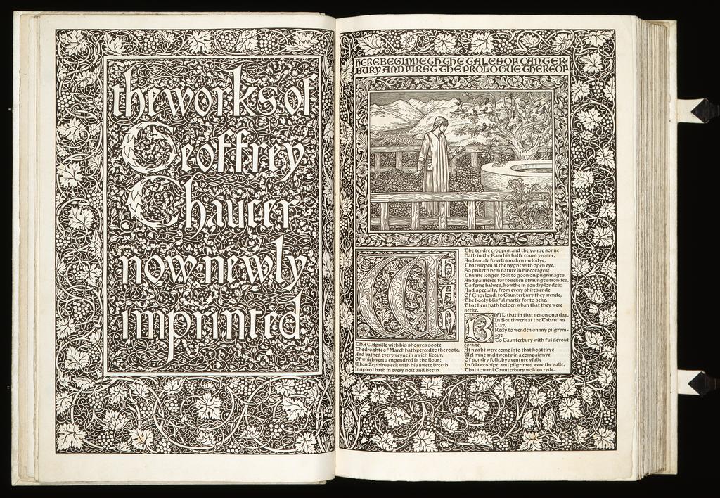 An image of Frontispiece & Title Page. The Works of Geoffrey Chaucer. William Morris, Kelmscott Press. Illustrations by Sir Edward Burne-Jones. Woodcuts and black type on paper, height 42.4 cm, width 29 cm, 1896. 