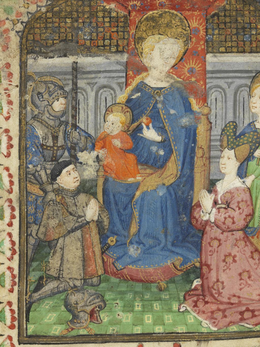 An image of Illuminated Manuscript. Folio 2 verso. Miniature of the Virgin and Child with two donors (?), a kneeling knight and a lady. Book of Hours belonging to Margaret Beauchamp, c.1424. Vellum, 22 cm x 11 cm. English School, 15th century. Notes: Beauchamp was the wife of John Talbot (c.1388-1453) the 1st Earl of Shrewsbury.