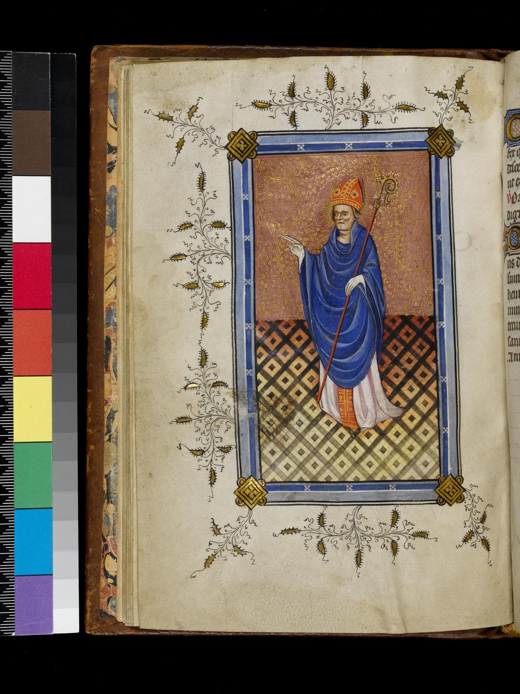 An image of St Christopher. Suffrages with additions in Latin and English, including prayers; to Richard Rolle and Robert de Vere, Earl of Oxford. Folio 8v. Book of Hours, Use of Sarum. Illuminated manuscript. Parchment, circa 1410-1420. Flanders, Bruges.