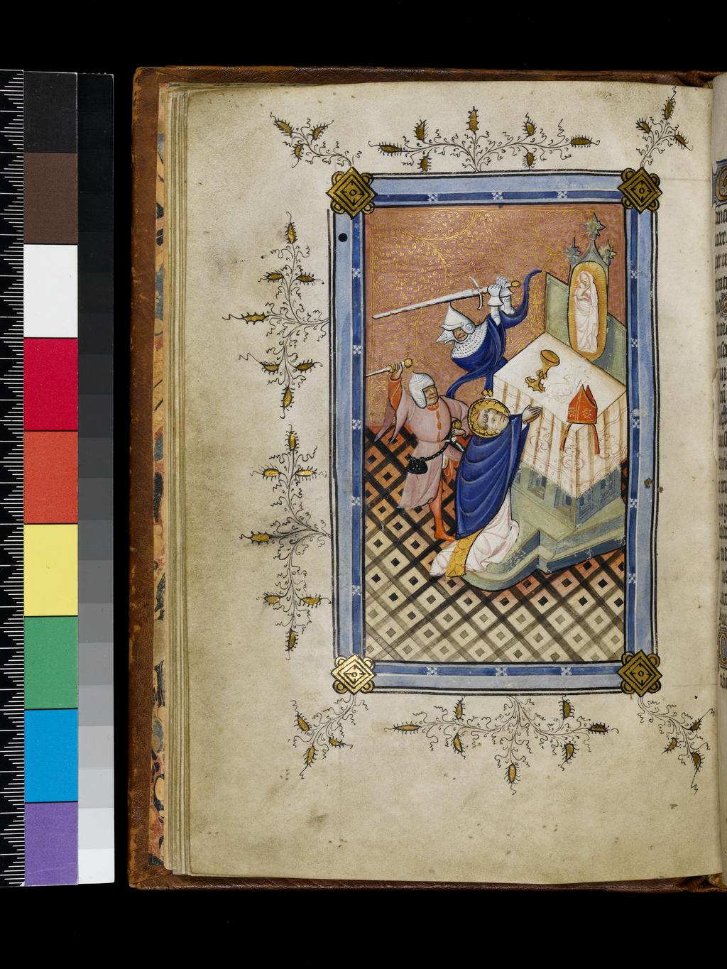 An image of St Christopher. Suffrages with additions in Latin and English, including prayers; to Richard Rolle and Robert de Vere, Earl of Oxford. Folio 8v. Book of Hours, Use of Sarum. Illuminated manuscript. Parchment, circa 1410-1420. Flanders, Bruges.