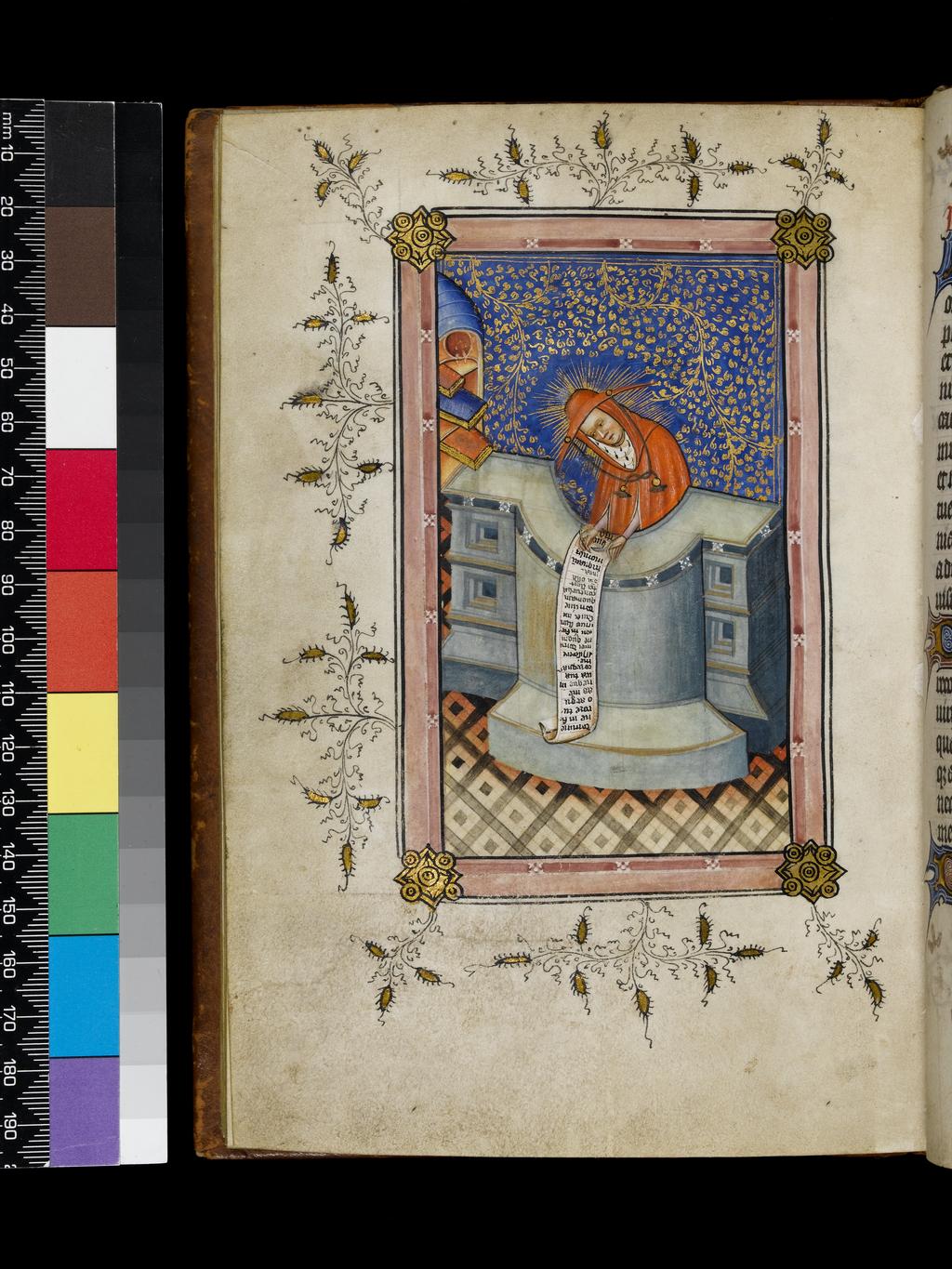 An image of St Christopher. Suffrages with additions in Latin and English, including prayers; to Richard Rolle and Robert de Vere, Earl of Oxford. Folio 8v. Book of Hours, Use of Sarum. Illuminated manuscript. Parchment, circa 1410-1420. Flanders, Bruges.