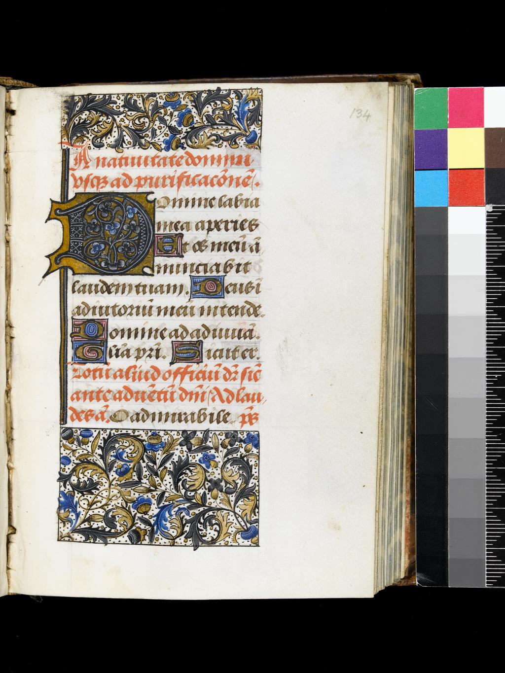 An image of Book of Hours. Illumination, ruling. Use of Rome; liturgical use. Parchment, ii paper flyleaves + 225 fols. + ii paper flyleaves, 129 x 91 (69 x 48) mm, 13 long lines, ruled in pink ink, circa 1470- 1480. Five large miniatures painted in grisaille with blue and liquid gold highlights, with arched frames and full acanthus and floral borders in the same palette, at major text divisions: fol. 13r Hours of the Cross, Crucifixion with Virgin and St John; fol. 24r Hours of the Holy Spirit, Pentecost; fol. 46r Hours of the Virgin, Matins, Annunciation; fol. 142r Penitential Psalms, David penitent; fol. 170r Office of the Dead, Funeral service. ORNAMENTATION: Black white-patterned initials [3 – 4 ll.] with foliage infill on gold grounds beneath full-page miniatures; identical initials [3 – 4 ll.] with partial borders at lesser text divisions; gold initials [1 – 2 ll.] on pink and blue white-patterned grounds; pink and blue white-patterned bar line-fillers with gold balls ornament; capitals highlighted in yellow. Southern Netherlands, Bruges, probably.