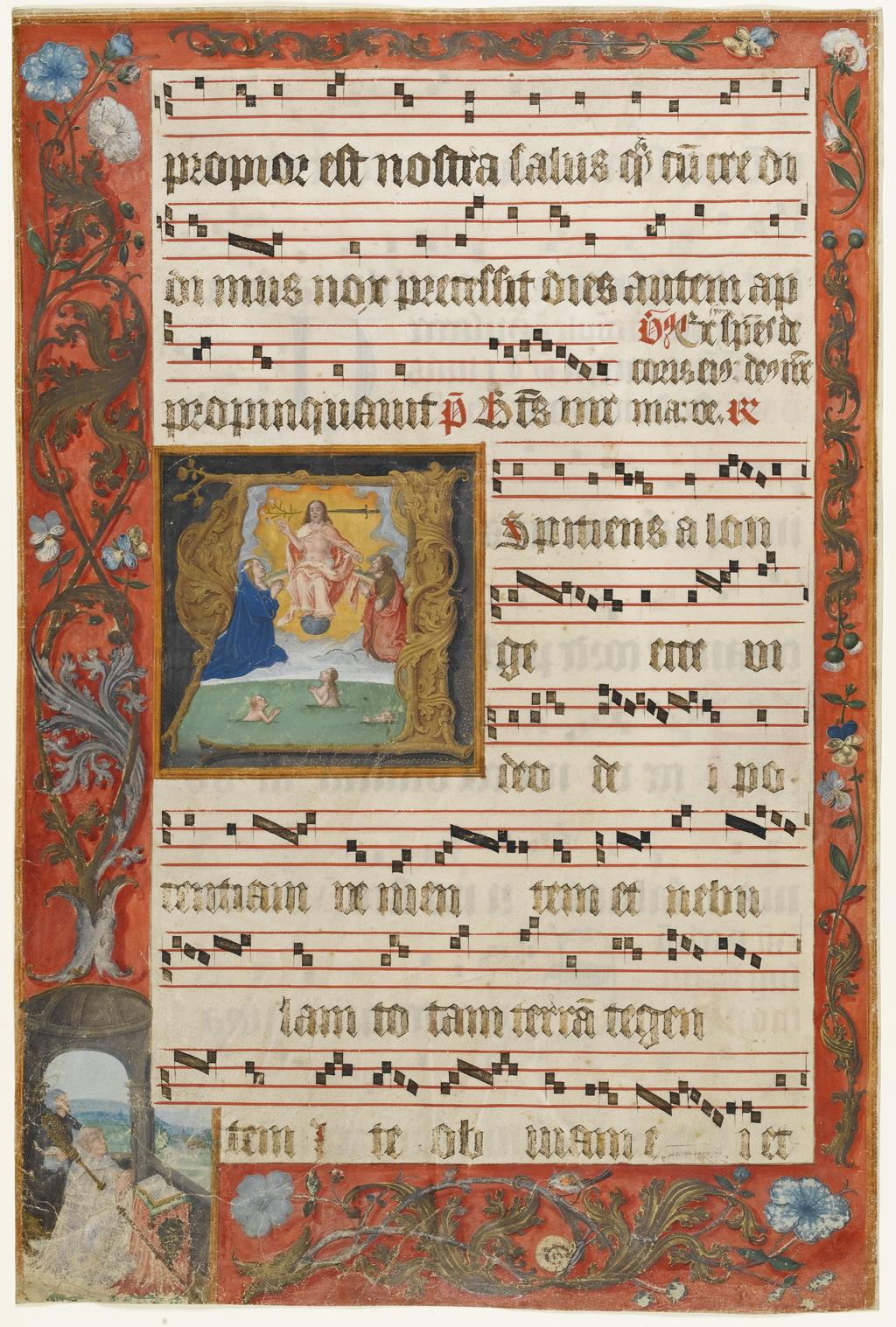 An image of Illuminated Manuscript. Leaf from an Antiphoner. Parchment, trimmed along the border frame, 460 x 305 (385 x 230) mm, 9 lines of text ruled in faint brown ink and 9 four-line music staves ruled in red. Ilumination, penwork, gold. Production place: Brabant, Antwerp, probably. Circa 1520-circa 1530. CONTENTS: Matins antiphons and response Aspiciens a longe for the first Sunday in Advent. DECORATION: Historiated initial [A, 3 ll.] formed of bronze acanthus leaves and enclosing the Last Judgement, with full acanthus and strewn-flower border showing a Cistercian abbot praying at a lectern and accompanied by his patron saint. ORNAMENTATION: Alternate blue and red penwork one-line initials with red or blue pen-flourished infill and extensions; capitals highlighted in red.