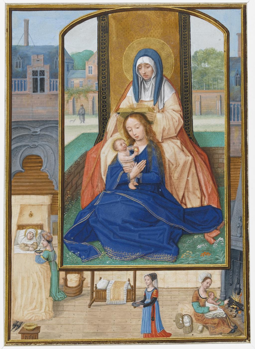 An image of Illuminated Manuscript. Miniature from the Hours of Albrecht of Brandenburg. Suffrage to St Anne. St Anne, the Virgin and Child in a garden. Nativity of the Virgin in border. Simon Bening (Flemish, 1483-1561). Parchment, gold, six leaves with closely trimmed margins, framed illuminated area 175 x 125 mm, no text or ruling on reverse, 1522-1523. Production Place: Bruges, Flanders.