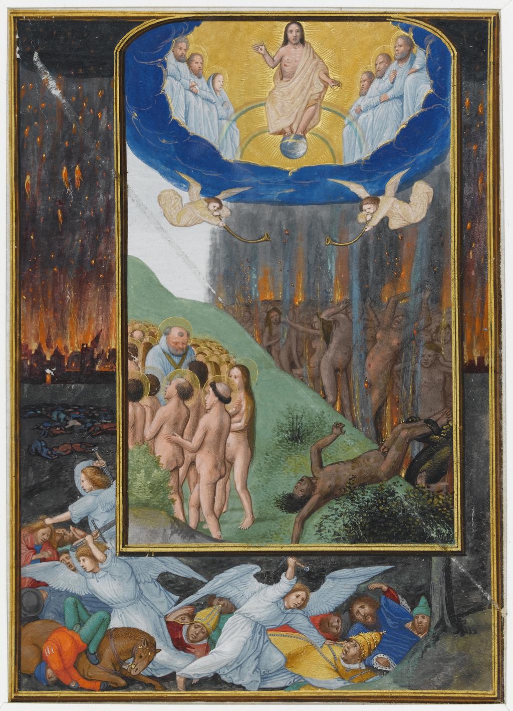 An image of Illuminated Manuscript. Miniature from the Hours of Albrecht of Brandenburg. Penitential Psalms, Last Judgement, border scene based in part on Dürer’s woodcut Massacre by the Four Angels (Apc ix). Simon Bening (Flemish, 1483-1561). Parchment, gold, six leaves with closely trimmed margins, framed illuminated area 175 x 125 mm, no text or ruling on reverse, 1522-1523. Production Place: Bruges, Flanders.