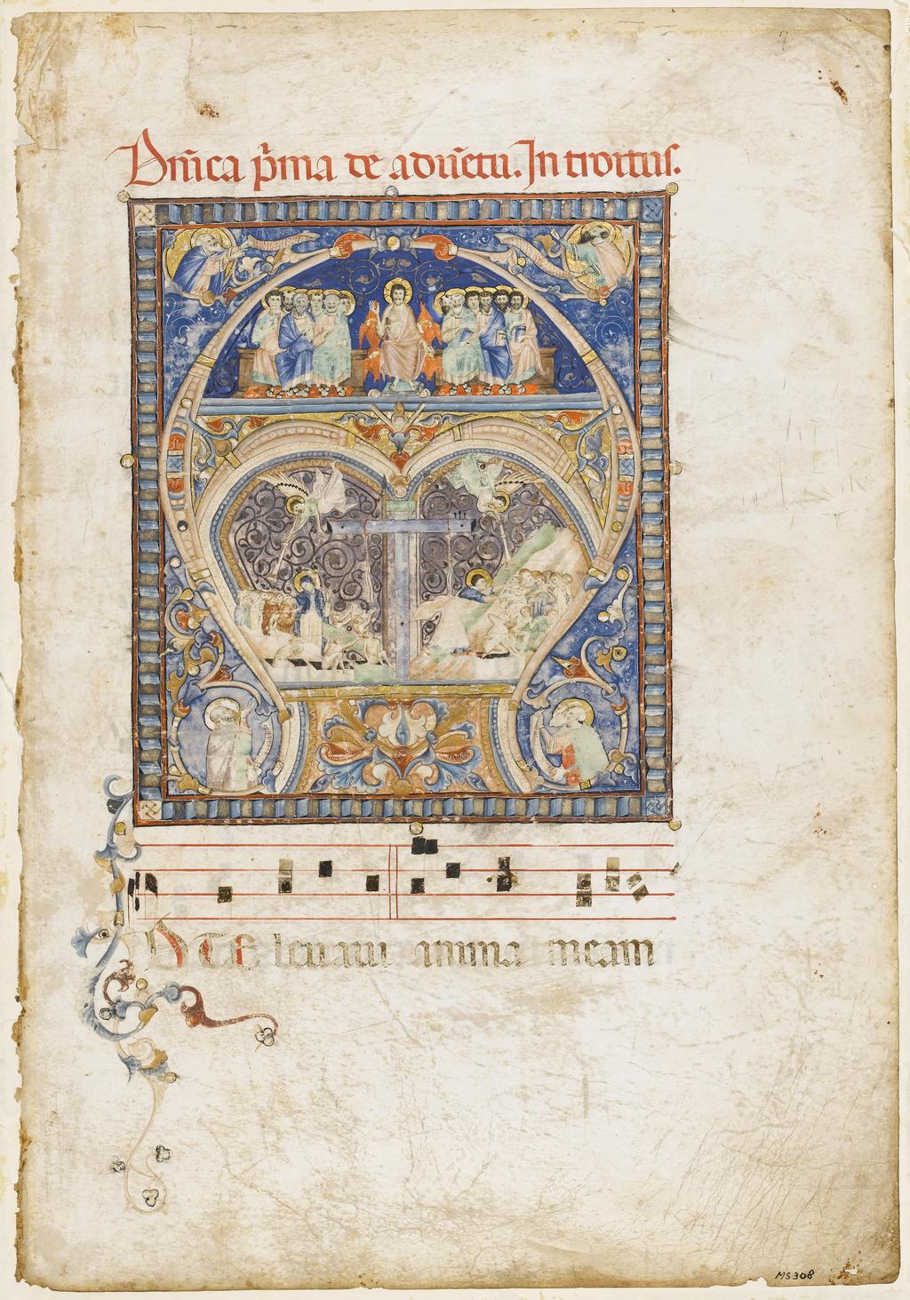 An image of Illuminated Manuscript. Leaf from a Gradual. Latin, Gothic bookhand (textualis). Parchment, 550 x 370 mm (370 x 240 mm), initial 278 x 237 mm, rubric and one line of text ruled in hard point, one four-line musical stave ruled in red ink, pasted on cardboard, six lines of text and six four-line musical staves on reverse (discernible on a light box). Production Place: Siena, Italy. Circa 1325.CONTENTS: Rubric, Dominica prima de adventu. Introitus and Introit of the Mass for the first Sunday in Advent, Ad te levavi animam meam. Historiated initial in faded pink on blue ground with delicate white motifs within a geometric frame for the Introit of the Mass for the first Sunday in Advent: [A, 4 lines of text and 4 musical staves] Last Judgment, with (above) Christ enthroned, flanked by seraphim, displaying wounds and accompanied by a group of six Apostles on either side, and (below) the Cross and Instruments of the Passion in the centre with two angels blowing trumpets above, on the left the Virgin standing with the blessed, including Franciscans and St Francis displaying the stigmata, and on the right St John pointing at the damned, acanthus branches extending from the initial to enclose a half-length figure of a prophet with a scroll in each corner. ORNAMENTATION: Foliate scroll with acanthus extending into lower left margin; capitals highlighted in red. 
