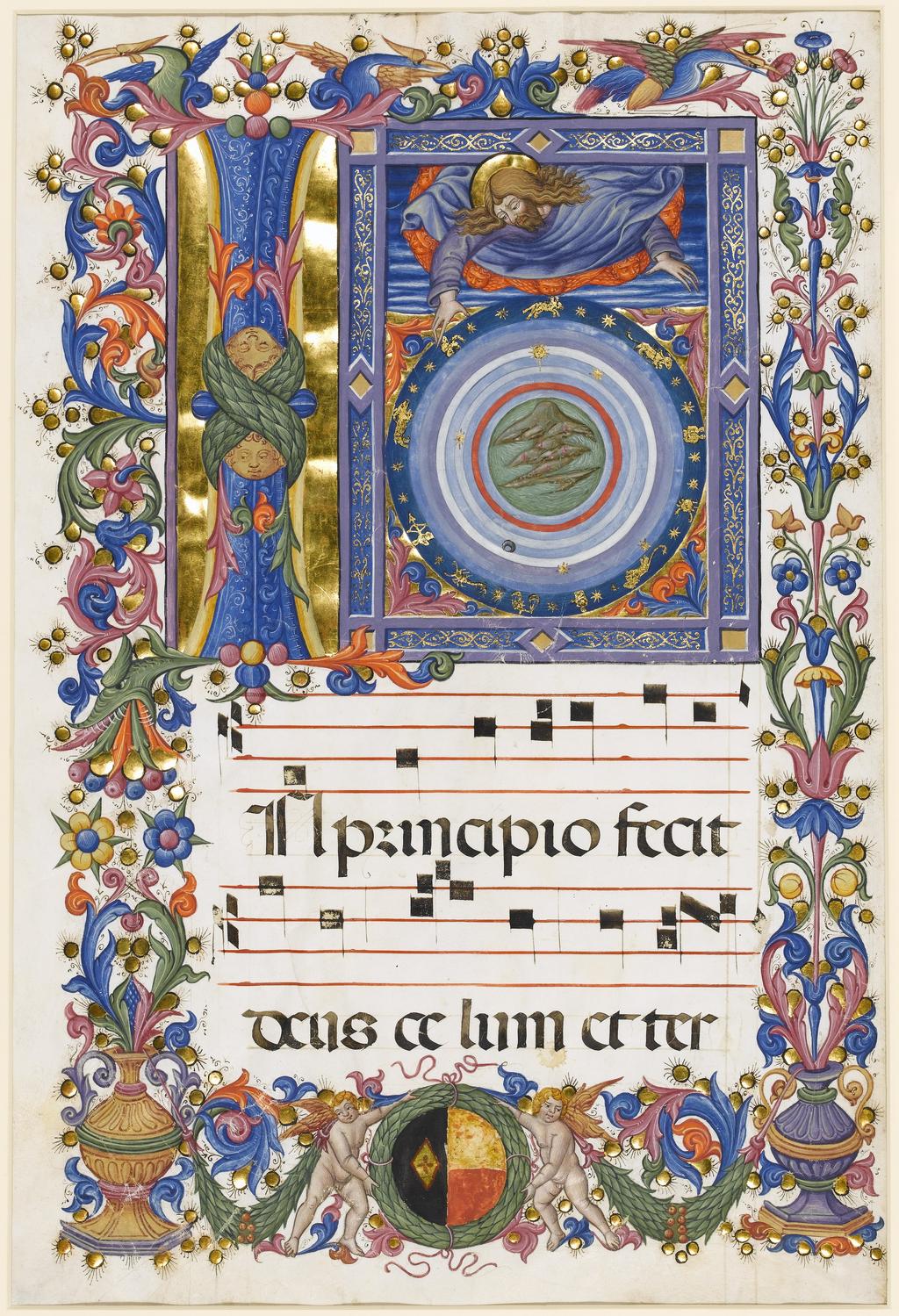 An image of Illuminated Manuscript. Leaf from an Antiphoner. Creation of heaven and earth. Pellegrino di Mariano Rossini (act. 1449 - d.1492). Pietro, Sano di. latin. Gothic bookhand (textualis). Production Place: Siena, Italy. 1460-1477.PHYSICAL DESCRIPTION: Parchment, 578 x 400 mm (398 x 228 mm), 29 long lines, ruled in ink and accommodating two lines of text and two four-line musical staves ruled in red ink on each side of the leaf.CONTENTS: On reverse (original recto): Antiphon for the psalm Salvum me fac of the first nocturn of Matins for Septuagesima Sunday, [Tu Domine servabis nos et cus]todies nos, followed by Ps[almus] Salvum me fac d[eus]. V[ersiculus] Memor fui nocte nominis tui d[omine]. R[esponsorium] Et custodivi legem tuam; the miniature and initial, which would have been on the original verso, introduced the responsory for the first lesson of Matins for Septuagesima Sunday, In principio fecit Deus celum et ter[ram] (Gen I:1).DECORATION: Large framed miniature of the Creation of heaven and earth, accompanied by a graded blue initial [I, 17 ll.] on burnished gold ground, with acanthus leaves extending into a full border containing birds, vases, gold balls and putti supporting a wreath medallion with the (overpainted) arms of the Spedale di Santa Maria della Scala in Siena.ORNAMENTATION: Alternate blue and red penwork initials [2-4 ll.] with reserved ornament.