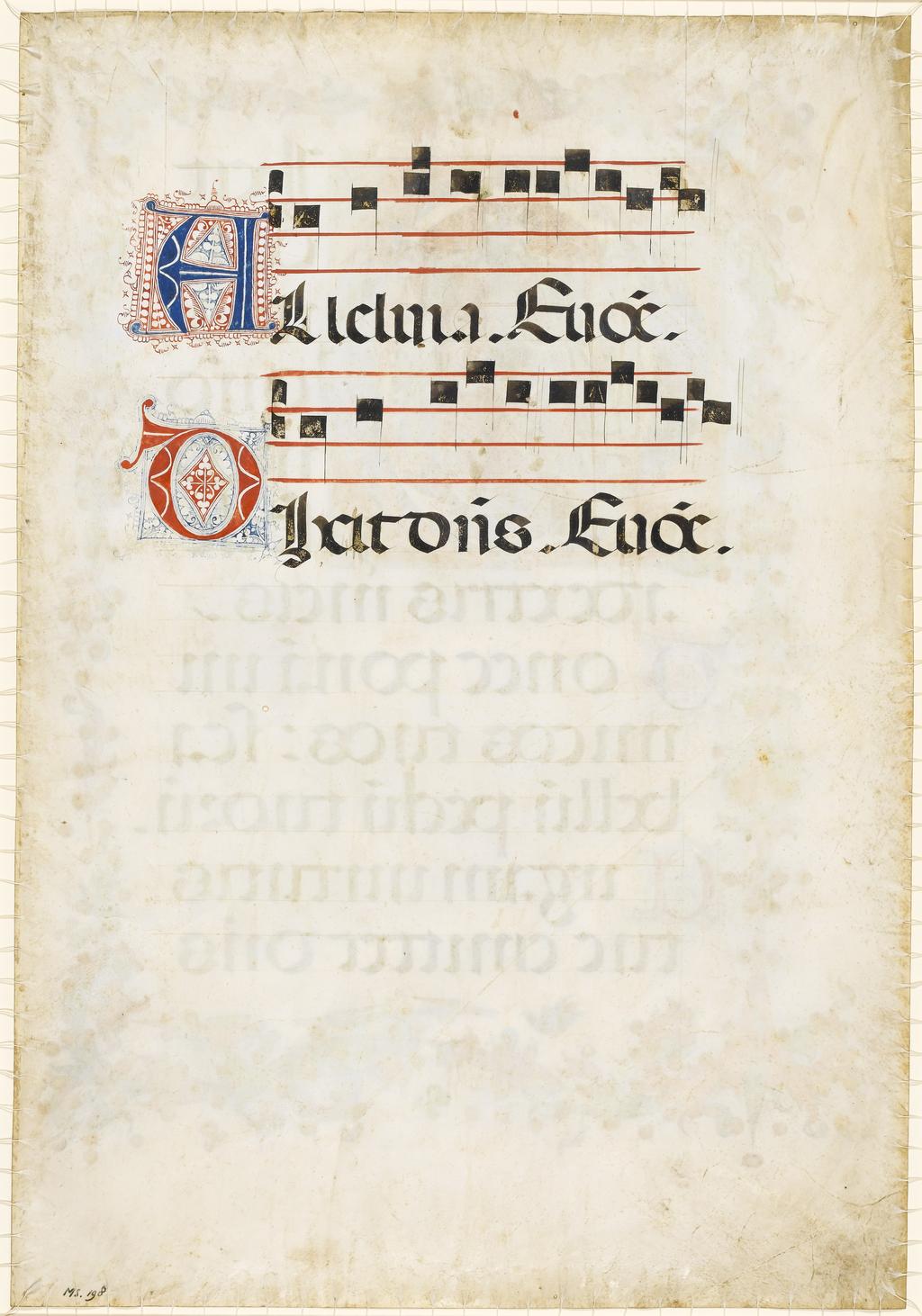 An image of Illuminated Manuscript. Leaf from a set of Choir books. Pietro, Sano di. Rossini, Pellegrino di Mariano. Parchment, gold, 588 x 400 mm (360 x 235 mm) 23 long lines, ruled in ink and accommodating two lines of text and two four-line musical staves ruled in red ink on the original recto of the leaf, and twelve lines of text on the original verso, circa 1460 to circa 1477. Production Place: Italy, Siena.CONTENTS: On reverse (original recto): two musical staves and two lines of text containing the Antiphon for the first psalm of the first nocturn of Vespers for a Sunday in the Easter season, Aleluia. Euoue Dixit dominus [Domino meo sede a dextris meis] Euoue; the initial, which would have been on the original verso, introduced Ps. 109:1-2, Dixit dominus domino meo…virgam virtutis tuae emittet dominus. DECORATION: Historiated initial in graded blue on burnished gold ground, with acanthus leaves extending into full borders containing birds, putti and gold balls: Ps 109:1, [D, 11 ll.] King David enthroned, flanked by two attendants, and trampling on an enemy. ORNAMENTATION: Alternate blue and red penwork initials [2-4 ll.] with reserved ornament, and red and blue pen-flourished infill and frames.
