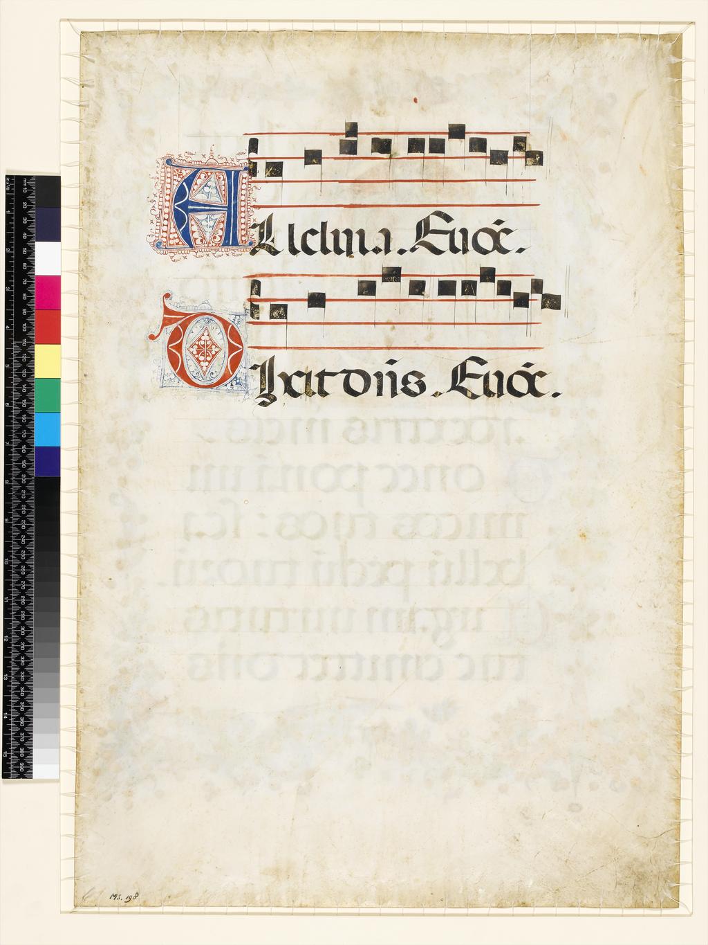 An image of Illuminated Manuscript. Leaf from a set of Choir books. Pietro, Sano di. Rossini, Pellegrino di Mariano. Parchment, gold, 588 x 400 mm (360 x 235 mm) 23 long lines, ruled in ink and accommodating two lines of text and two four-line musical staves ruled in red ink on the original recto of the leaf, and twelve lines of text on the original verso, circa 1460 to circa 1477. Production Place: Italy, Siena.CONTENTS: On reverse (original recto): two musical staves and two lines of text containing the Antiphon for the first psalm of the first nocturn of Vespers for a Sunday in the Easter season, Aleluia. Euoue Dixit dominus [Domino meo sede a dextris meis] Euoue; the initial, which would have been on the original verso, introduced Ps. 109:1-2, Dixit dominus domino meo…virgam virtutis tuae emittet dominus. DECORATION: Historiated initial in graded blue on burnished gold ground, with acanthus leaves extending into full borders containing birds, putti and gold balls: Ps 109:1, [D, 11 ll.] King David enthroned, flanked by two attendants, and trampling on an enemy. ORNAMENTATION: Alternate blue and red penwork initials [2-4 ll.] with reserved ornament, and red and blue pen-flourished infill and frames.