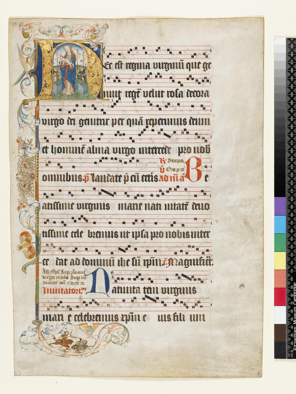 An image of Illuminated Manuscript. Cutting. Leaf from an Antiphonal. Production Place: Germany, probably Cologne. Augustinian Use of the Order of the Holy Cross. Parchment, gold, 450 x 310 (345 x 209) mm, 10 lines of text ruled in faint brown ink and 10 four-line musical staves ruled in red ink, circa 1510 to circa 1520.CONTENTS: Antiphon for the Nativity of the Virgin, Hec est regina virginum. DECORATION: Historiated initial [H, 2 ll.] formed of gold acanthus on blue ground, Virgin and Child in enclosed garden venerated by two brothers of the Order of the Holy Cross, bar-border with foliage and acanthus extensions, a putto, tournament scene, and bird with scroll inscribed ‘gelr hogen moit’. ORNAMENTATION: Alternate red and blue one-line penwork initials. Provenance: made for a house of the Order of the Holy Cross, probably St Cornelius at Roermond, Limburg.