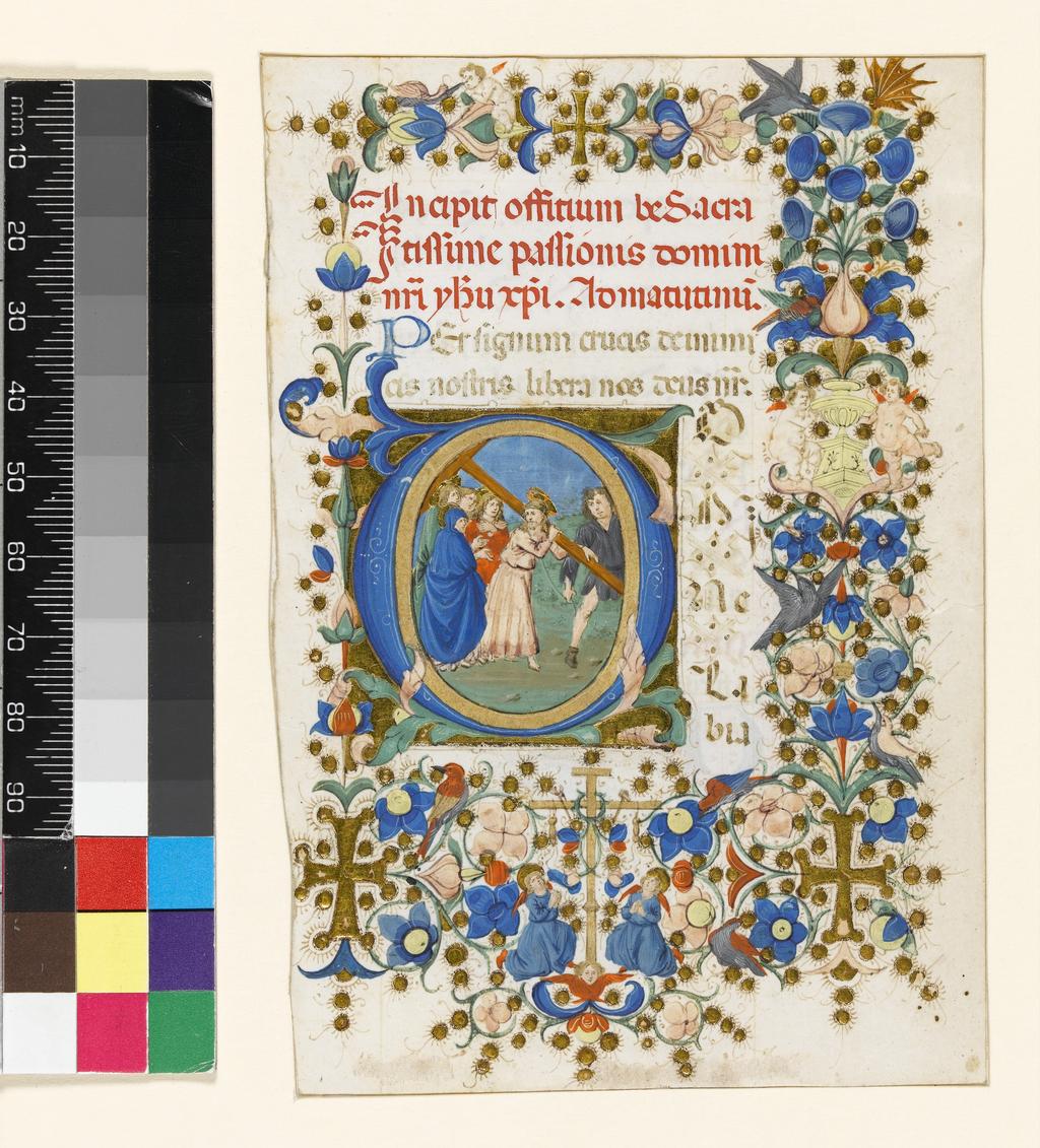 An image of Illuminated Manuscript. Cutting. Leaf from a Book of Hours. Chierico. Francesco di Antonio del (Italian). Production Place: Italy, Florence. Parchment, gold, 130 x 90 mm (70 x 47 mm), 13 long lines ruled in ink, circa 1470 to circa 1484.CONTENTS: Beginning of the Hours of the Passion, continuing on reverse, expl. Venite exultemus. DECORATION: Historiated initial in pink or blue on gold ground, with acanthus extensions and full floral borders containing putti, birds, vases, gold crosses and scenes: Hours of the Passion, [D, 8 ll.], Carrying of the Cross, with two angels adoring the Cross, Crown of Thorns and Instruments of the passion in lower border. ORNAMENTATION: Blue penwork initial [V, 2 ll.] with red pen-flourished infill and extension for Psalm 94 (MS 257d verso); red or blue one-line penwork initials.