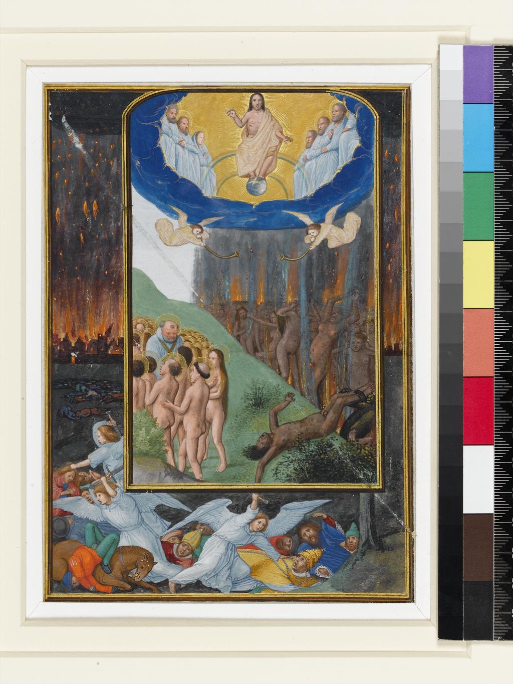 An image of Illuminated Manuscript. Miniature from the Hours of Albrecht of Brandenburg. Penitential Psalms, Last Judgement, border scene based in part on Dürer’s woodcut Massacre by the Four Angels (Apc ix). Simon Bening (Flemish, 1483-1561). Parchment, gold, six leaves with closely trimmed margins, framed illuminated area 175 x 125 mm, no text or ruling on reverse, 1522-1523. Production Place: Bruges, Flanders.