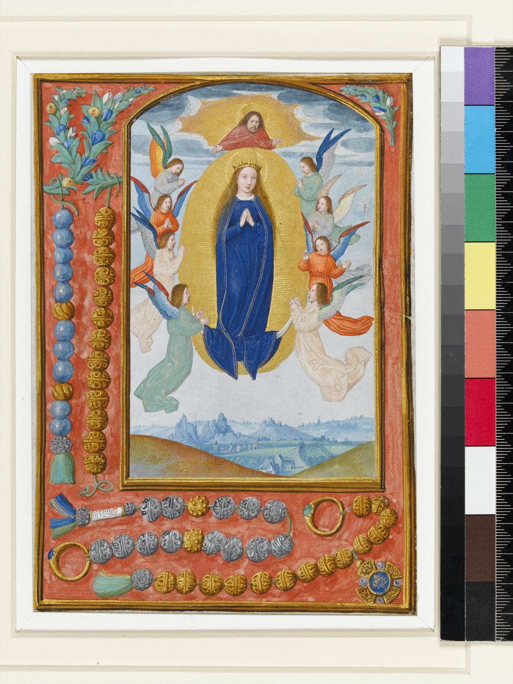 An image of Illuminated Manuscript. Miniature from the Hours of Albrecht of Brandenburg. Prayer for the feast of the Assumption, Assumption of the Virgin, rosaries with rings, jewel and flower branches in border. Simon Bening (Flemish, 1483-1561). Parchment, gold, six leaves with closely trimmed margins, framed illuminated area 175 x 125 mm, no text or ruling on reverse, 1522-1523. Production Place: Bruges, Flanders.