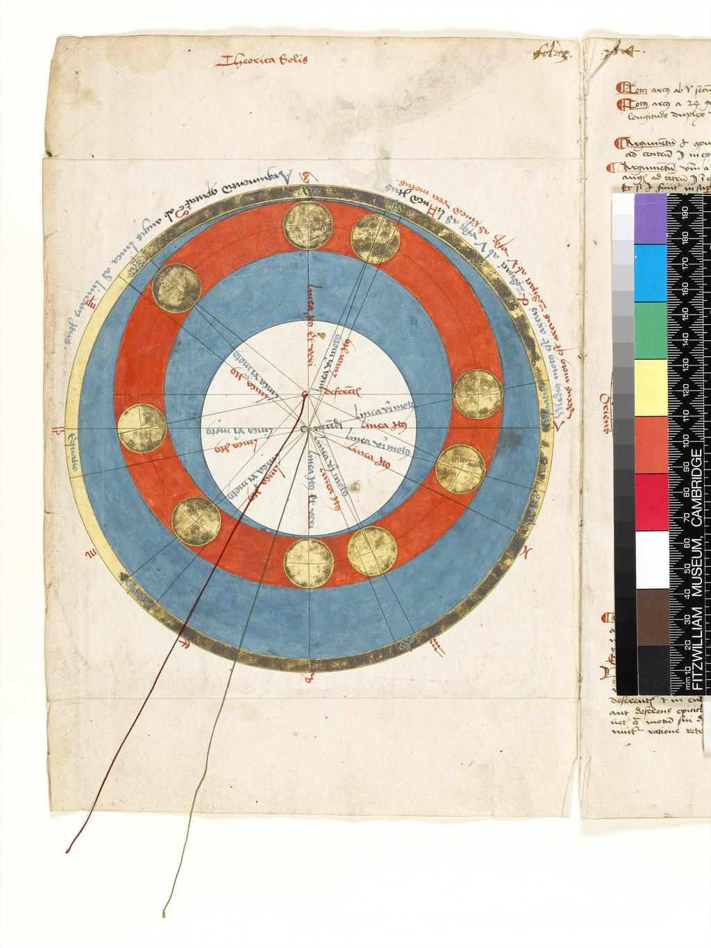 An image of Astronomical diagrams. Illuminated manuscript. Diagrams painted in red, blue, black and yellow, some including discs mounted on paper and silk pointer threads: fol. 1r-v Theorica Solis. fols. 2r – 3r Theorica Lune. fols. 3v – 4r Theorica de tribus superioribus. fol. 5r Theorica Mercurii. fol. 6r Figura visibilis…diversitate aspectus. fol. 6v Tabula ostendens maximam latitudinem. fol. 7r-v Theorica declinationum. fol. 8v Diameter reflections. Paper (watermark cf. Briquet no. 15152), 8 fols. (paginated in black ink 2 – 17), height, page, 310 mm, width, page, 220 mm, circa 1490-1499. Production Place: Germany. Production Note: binding by Robert Proctor, Fitzwilliam Museum, 2007.