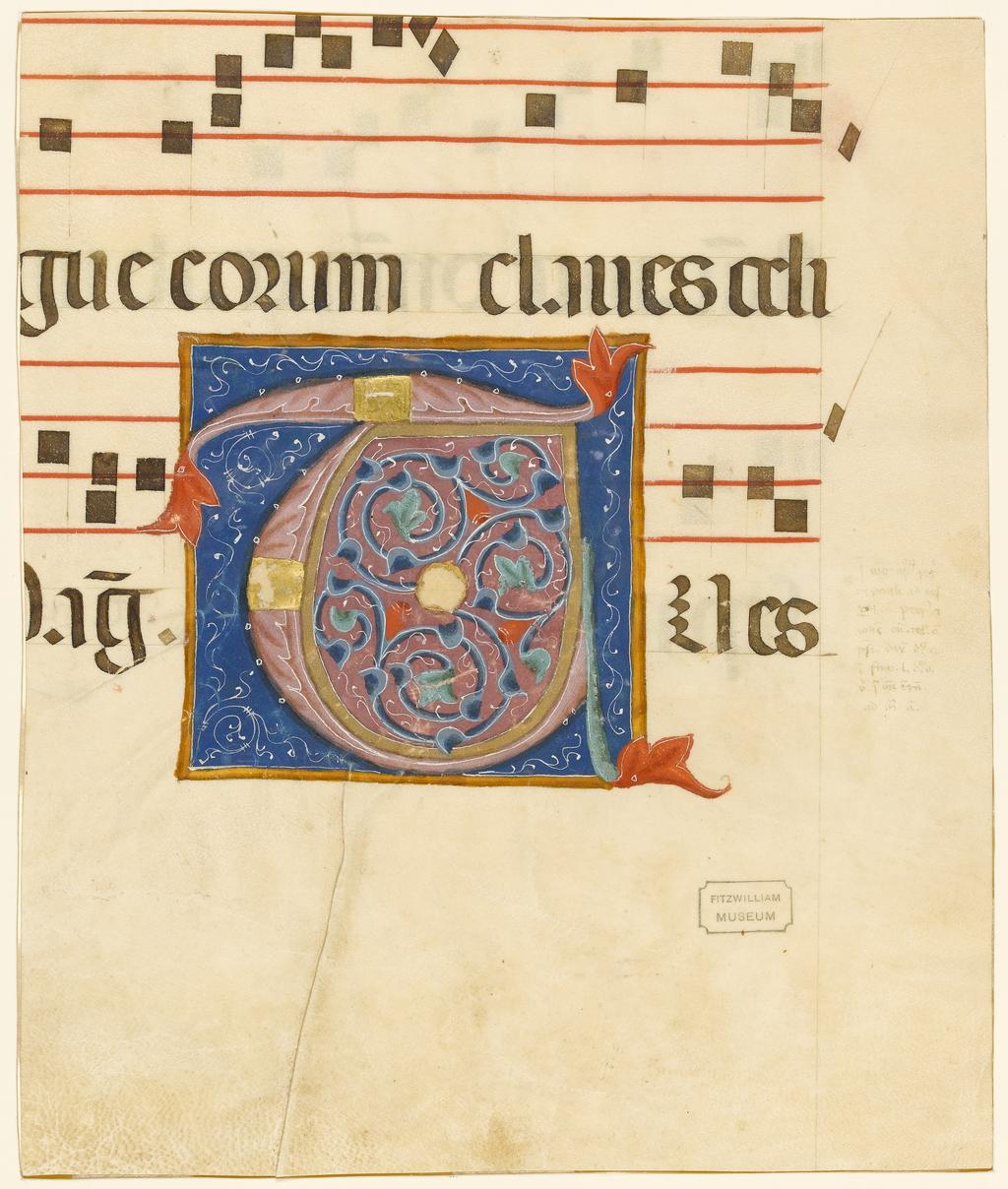 An image of Illuminated manuscript. Cutting from an Antiphoner for the Sanctoral.  Production Place: Italy, Perugia. Parchment, gold,  262 x 222 mm, two musical staves ruled in red ink, two fragmentary lines of text, ruled in brown ink,  circa 1325 to circa 1350.CONTENTS: On reverse, antiphon to the Magnificat at first Vespers for the feast of Saints John and Paul, [Astiterunt] iusti ante dominum et ab in[vicem non sunt] separati. P. Benedicens. Ad M.; on the side with the initial, the antiphon to the Magnificat at second Vespers for the feast of Saints John and Paul, [Isti sunt due olive et duo candelabra lucencia ante dominum habent potestatem claudere celum nubibus et aperire portas eius quia lin]gue eorum claves celi [facte sunt]. Mag. Tu es [pastor ovium]; the initial T introduced the antiphon to the Magnificat at first Vespers for the feast of Saints Peter and Paul (which follows the feast of Saints John and Paul), Tu es pastor ovium, and would have been on the verso of the original leaf. ORNAMENTATION: Ornamental initial in liquid gold and pink on blue and dark pink grounds with coloured vine-scroll infill and acanthus extensions forming partial borders. Alternate red or blue initials [height of the gap between staves] with purple or red pen flourishing, using small scallop and trefoil motifs.