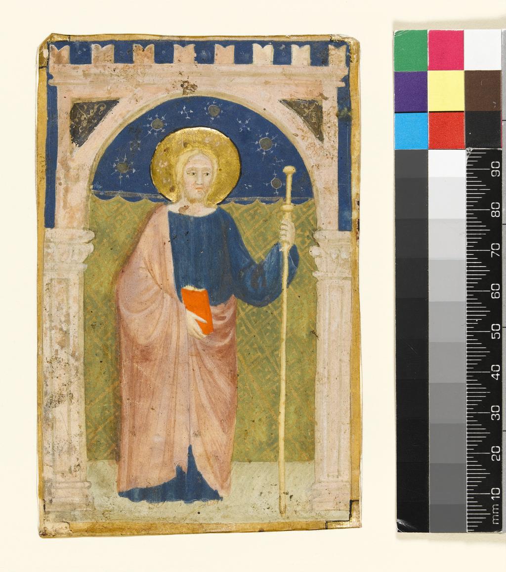 An image of Miniature from a Matricola. Maestro della Matricola degli Spadai (Italian). Production Place: Italy, Perugia. Parchment, gold, 123 x 80 mm, blank on reverse, circa 1350.DECORATION: Large framed miniature: St James standing beneath the Porta Eburnea and holding a book and a pilgrim’s staff.