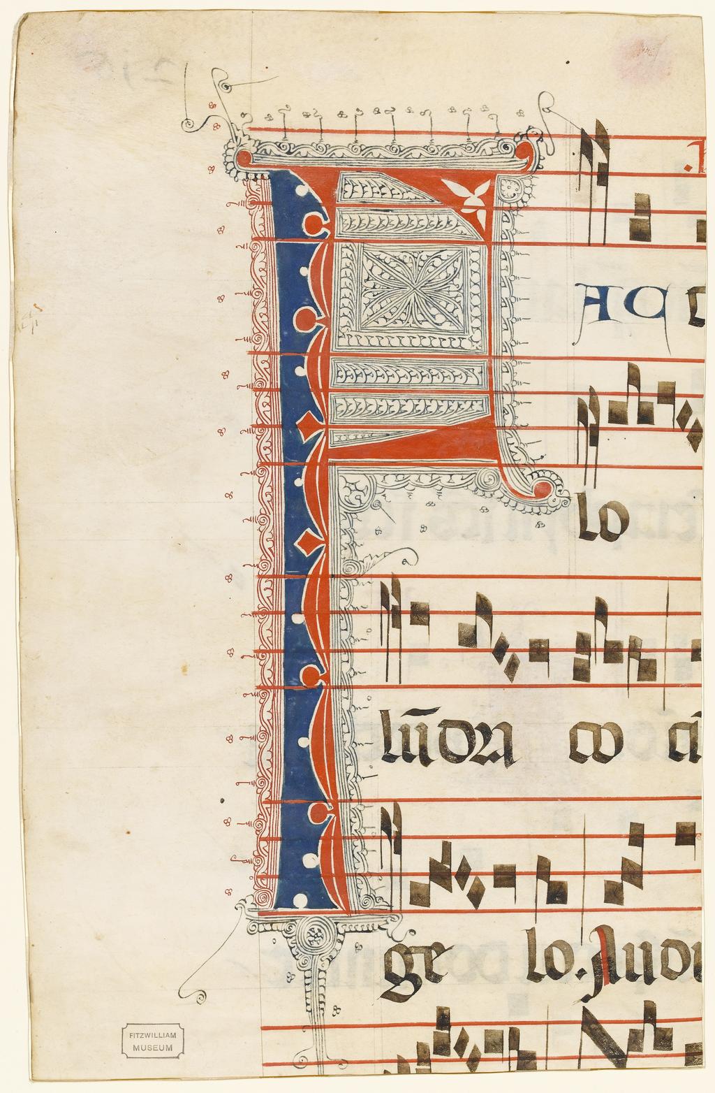 An image of Illuminated manuscript. Cutting. Fragmentary leaf from an Antiphoner. Production Place: Italy. Parchment, gold, 367 x 230 mm, five fragmentary four-line musical staves ruled in red ink, five fragmentary lines of text ruled in plummet, circa 1390 to circa 1399.CONTENTS: On reverse (original recto), parts of the second antiphon for the psalms in the first nocturn of Matins for the feast of St Michael in the Roman/Franciscan Antiphoner, [Laudemus Dominum que]m laudant angeli [quem cherubim et] seraphyn sanctus sanctus sanctus [proclamant…] followed by the third antiphon, Ascendit fu[mus aromatum in] conspectu Domini de [manu angeli], followed on the recto (original verso) by the responsory to the first lesson, Fact[um est silentium in ce]lo [dum committeret bel]lum draco cum [Michaele archan]gelo. Audi[ta est vox milia milium dicentium salus honor et virtus omnipotenti deo]; the initial F, originally on the recto of the leaf, would have introduced the first responsory in Matins for the feast of St Michael (29 September) in a Roman/Franciscan Antiphoner for the Sanctoral. ORNAMENTATION: Red and blue parted initial [F, 4 ll.] with voided ornament and red and blue pen-flourished infill and extensions, following letters written in blue; red one-line penwork initial [A] with purple pen-flourished infill and extensions on reverse; capitals highlighted in red.