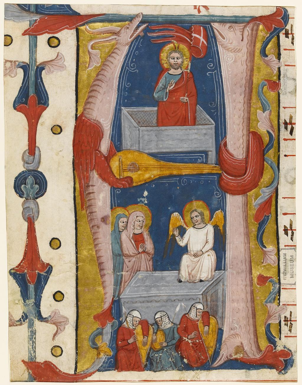 An image of Illuminated manuscript. Initial from an Antiphoner. Production Place: Central Italy. Parchment, gold, 226 x 174 mm, four musical staves ruled in red ink, four lines of fragmentary text ruled in plummet, circa 1350.CONTENTS: On reverse, the antiphons for the psalms of the first nocturn at Matins for Easter Sunday, [Postulavi patrem meum alleluia de]dit michi gentes [alleluia in here]ditatem alleluia … Evovae. A[ntiphona] Ego dor[mivi et somnu]m cepi et resurre[xi]; the initial introduced the responsory to the first lesson at Matins for Easter Sunday (Angelus domini descendit de celo), and would have been on the verso of the original leaf. DECORATION: Historiated initial, with staves formed of an elongated dragon and fish, and cross-bar formed of a stringed instrument, on a ground of solid gold with acanthus motifs extending to form border in margin: [A] The Resurrection, in the lower compartment, the angel appears to two Marys while the soldiers sleep, in the upper compartment, Christ stands triumphant in the empty tomb. ORNAMENTATION: on reverse, one red initial with brown pen flourishing, height of width between staves.
