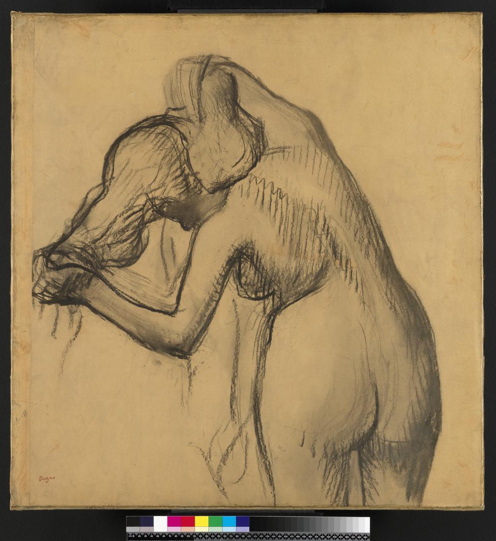An image of Femmes nue s’essuyant. Nude Woman Drying her Neck. Degas, Edgar (French, 1834–1917). Charcoal on tracing paper, sheet: 31 1/4 x 30 in. (793 x 762 mm),  circa 1900. On loan from King's College, Cambridge. Keynes Collection. TL49.2011.2.